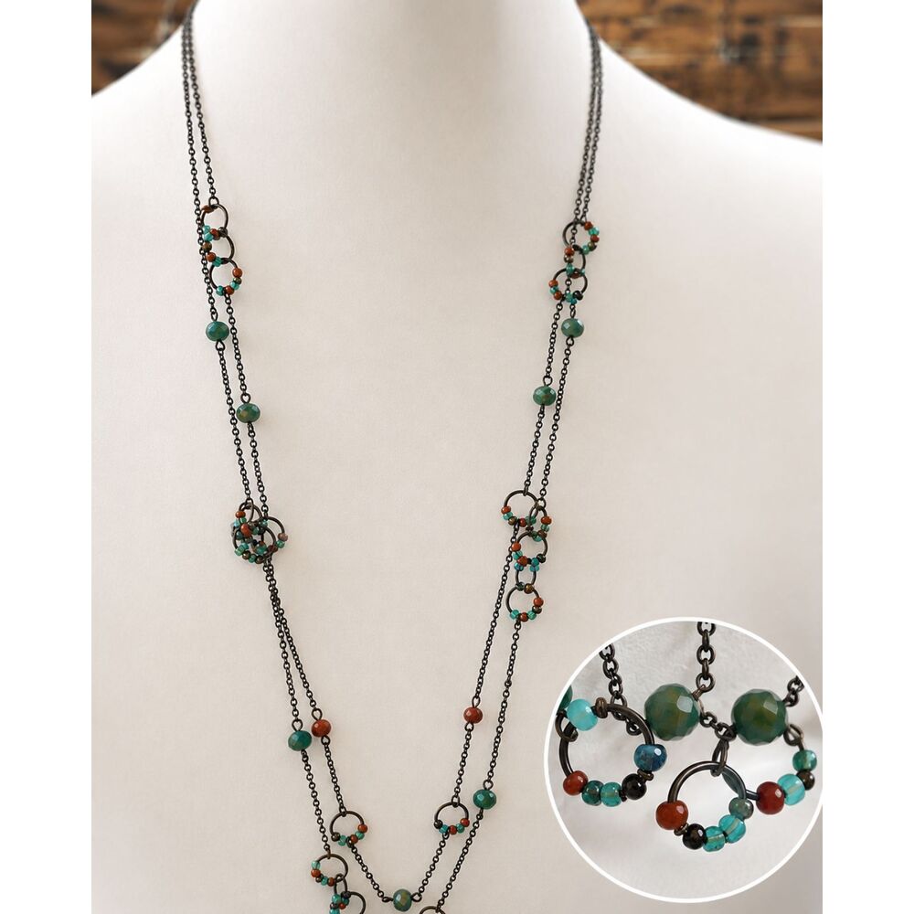 Boho Southwest Layered Chain Necklace Teal Burnt Orange Beaded Long